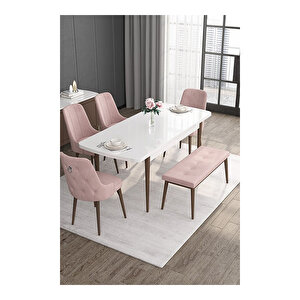 Noa Serisi,beyaz Masa Ceviz Ayak Mdf 80x132 Açılabilir Yemek Odası Takımı,4 Sandalye Gümüş Halkalı Ve 1 Bench Pembe