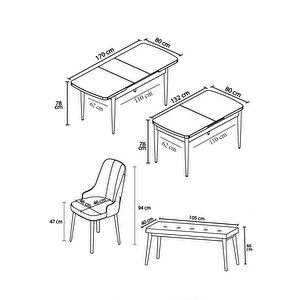 Noa Serisi,beyaz Masa Ceviz Ayak Mdf 80x132 Açılabilir Yemek Odası Takımı,4 Sandalye Gümüş Halkalı Ve 1 Bench