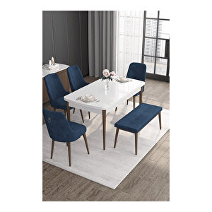 Noa Serisi,beyaz Masa Ceviz Ayak Mdf 80x132 Açılabilir Yemek Odası Takımı,4 Sandalye Gümüş Halkalı Ve 1 Bench Lacivert