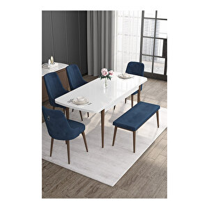 Noa Serisi,beyaz Masa Ceviz Ayak Mdf 80x132 Açılabilir Yemek Odası Takımı,4 Sandalye Gümüş Halkalı Ve 1 Bench Lacivert