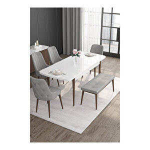 Noa Serisi,beyaz Masa Ceviz Ayak Mdf 80x132 Açılabilir Yemek Odası Takımı,4 Sandalye Gümüş Halkalı Ve 1 Bench Gri