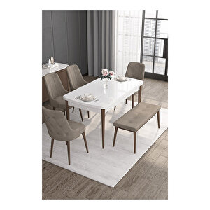Noa Serisi,beyaz Masa Ceviz Ayak Mdf 80x132 Açılabilir Yemek Odası Takımı,4 Sandalye Gümüş Halkalı Ve 1 Bench