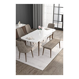 Noa Serisi,beyaz Masa Ceviz Ayak Mdf 80x132 Açılabilir Yemek Odası Takımı,4 Sandalye Gümüş Halkalı Ve 1 Bench Cappucino