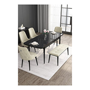Noa Serisi, 80x132 Mdf Açılabilir Siyah Mermer Desen Masa Takımı, 4 Sandalye Gümüş Halkalı Ve 1 Bench Krem
