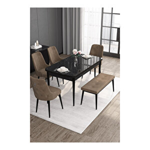 Noa Serisi, 80x132 Mdf Açılabilir Siyah Mermer Desen Masa Takımı, 4 Sandalye Gümüş Halkalı Ve 1 Bench Kahverengi
