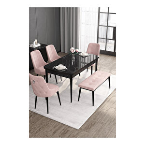 Noa Serisi, 80x132 Mdf Açılabilir Siyah Mermer Desen Masa Takımı, 4 Sandalye Gümüş Halkalı Ve 1 Bench Pembe