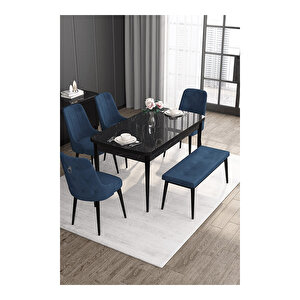 Noa Serisi, 80x132 Mdf Açılabilir Siyah Mermer Desen Masa Takımı, 4 Sandalye Gümüş Halkalı Ve 1 Bench Lacivert