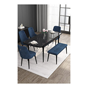 Noa Serisi, 80x132 Mdf Açılabilir Siyah Mermer Desen Masa Takımı, 4 Sandalye Gümüş Halkalı Ve 1 Bench Lacivert