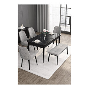 Noa Serisi, 80x132 Mdf Açılabilir Siyah Mermer Desen Masa Takımı, 4 Sandalye Gümüş Halkalı Ve 1 Bench Gri