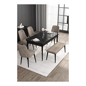 Noa Serisi, 80x132 Mdf Açılabilir Siyah Mermer Desen Masa Takımı, 4 Sandalye Gümüş Halkalı Ve 1 Bench Cappucino