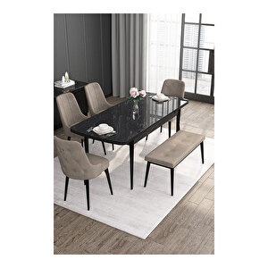 Noa Serisi, 80x132 Mdf Açılabilir Siyah Mermer Desen Masa Takımı, 4 Sandalye Gümüş Halkalı Ve 1 Bench Cappucino