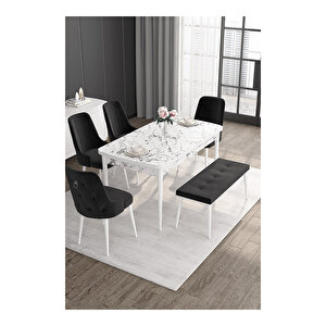 Noa Serisi, 80x132 Mdf Açılabilir Beyaz Mermer Desen Masa Takımı, 4 Sandalye Gümüş Halkalı Ve 1 Bench Siyah