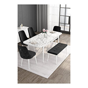 Noa Serisi, 80x132 Mdf Açılabilir Beyaz Mermer Desen Masa Takımı, 4 Sandalye Gümüş Halkalı Ve 1 Bench Siyah