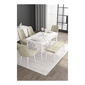 Noa Serisi, 80x132 Mdf Açılabilir Beyaz Mermer Desen Masa Takımı, 4 Sandalye Gümüş Halkalı Ve 1 Bench Krem