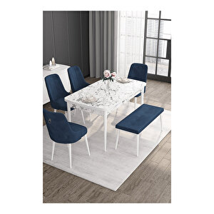 Noa Serisi, 80x132 Mdf Açılabilir Beyaz Mermer Desen Masa Takımı, 4 Sandalye Gümüş Halkalı Ve 1 Bench Lacivert
