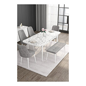 Noa Serisi, 80x132 Mdf Açılabilir Beyaz Mermer Desen Masa Takımı, 4 Sandalye Gümüş Halkalı Ve 1 Bench Gri