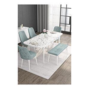 Noa Serisi, 80x132 Mdf Açılabilir Beyaz Mermer Desen Masa Takımı, 4 Sandalye Gümüş Halkalı Ve 1 Bench Su Yeşili