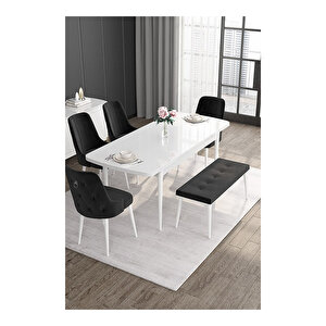 Noa Serisi, 80x132 Mdf Açılabilir Beyaz Masa Takımı, 4 Sandalye Gümüş Halkalı Ve 1 Bench Siyah