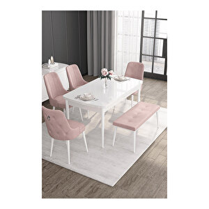 Noa Serisi, 80x132 Mdf Açılabilir Beyaz Masa Takımı, 4 Sandalye Gümüş Halkalı Ve 1 Bench Pembe