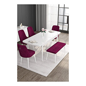 Noa Serisi, 80x132 Mdf Açılabilir Beyaz Masa Takımı, 4 Sandalye Gümüş Halkalı Ve 1 Bench Mürdüm