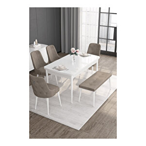 Noa Serisi, 80x132 Mdf Açılabilir Beyaz Masa Takımı, 4 Sandalye Gümüş Halkalı Ve 1 Bench Cappucino