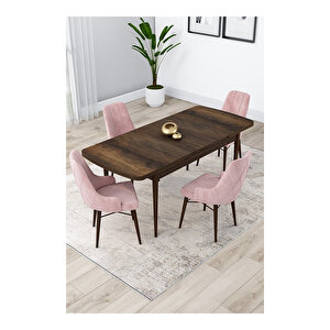 Lia Serisi, 80x132 Açılabilir Barok Ahşap Desen Mutfak Masa Takımı, 4 Sandalye Pembe