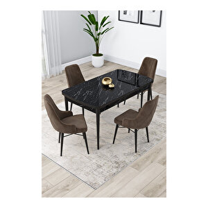 Lia Serisi, 80x132 Açılabilir Siyah Mermer Desen Mutfak Masası Takımı, 4 Sandalye Kahverengi