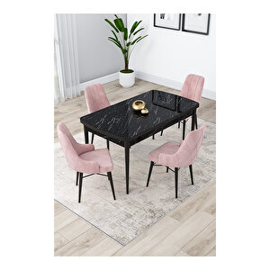 Lia Serisi, 80x132 Açılabilir Siyah Mermer Desen Mutfak Masası Takımı, 4 Sandalye