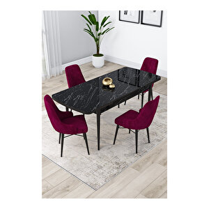 Lia Serisi, 80x132 Açılabilir Siyah Mermer Desen Mutfak Masası Takımı, 4 Sandalye