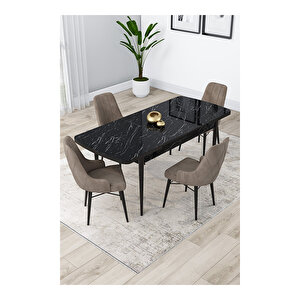 Lia Serisi, 80x132 Açılabilir Siyah Mermer Desen Mutfak Masası Takımı, 4 Sandalye Cappucino