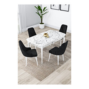 Lia Serisi, 80x132 Açılabilir Beyaz Mermer Desen Mutfak Masası Takımı, 4 Sandalye Siyah