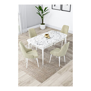 Lia Serisi, 80x132 Açılabilir Beyaz Mermer Desen Mutfak Masası Takımı, 4 Sandalye Krem
