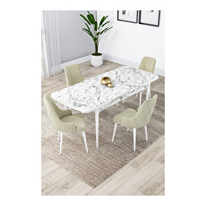 Lia Serisi, 80x132 Açılabilir Beyaz Mermer Desen Mutfak Masası Takımı, 4 Sandalye Krem