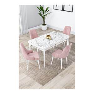 Lia Serisi, 80x132 Açılabilir Beyaz Mermer Desen Mutfak Masası Takımı, 4 Sandalye Pembe