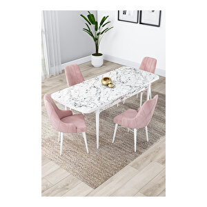 Lia Serisi, 80x132 Açılabilir Beyaz Mermer Desen Mutfak Masası Takımı, 4 Sandalye Pembe