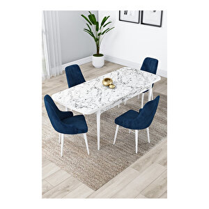 Lia Serisi, 80x132 Açılabilir Beyaz Mermer Desen Mutfak Masası Takımı, 4 Sandalye