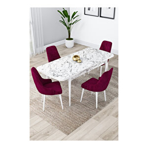 Lia Serisi, 80x132 Açılabilir Beyaz Mermer Desen Mutfak Masası Takımı, 4 Sandalye Mürdüm