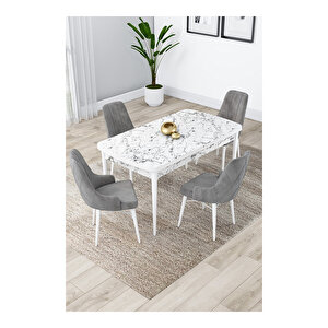 Lia Serisi, 80x132 Açılabilir Beyaz Mermer Desen Mutfak Masası Takımı, 4 Sandalye Gri