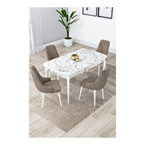 Lia Serisi, 80x132 Açılabilir Beyaz Mermer Desen Mutfak Masası Takımı, 4 Sandalye Cappucino