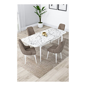 Lia Serisi, 80x132 Açılabilir Beyaz Mermer Desen Mutfak Masası Takımı, 4 Sandalye Cappucino