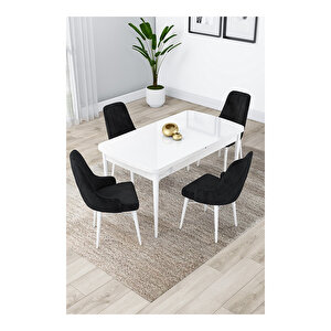 Lia Serisi, 80x132 Açılabilir Beyaz Masa,mutfak Masası Takımı, 4 Sandalye Siyah