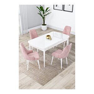 Lia Serisi, 80x132 Açılabilir Beyaz Masa,mutfak Masası Takımı, 4 Sandalye Pembe