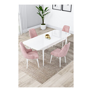 Lia Serisi, 80x132 Açılabilir Beyaz Masa,mutfak Masası Takımı, 4 Sandalye Pembe
