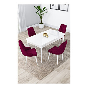 Lia Serisi, 80x132 Açılabilir Beyaz Masa,mutfak Masası Takımı, 4 Sandalye Mürdüm