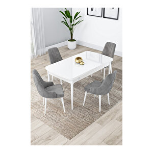 Lia Serisi, 80x132 Açılabilir Beyaz Masa,mutfak Masası Takımı, 4 Sandalye Gri
