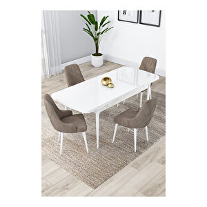 Lia Serisi, 80x132 Açılabilir Beyaz Masa,mutfak Masası Takımı, 4 Sandalye Cappucino