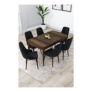Lia Serisi, 80x132 Açılabilir Barok Ahşap Desen Mutfak Masa Takımı, 6 Sandalye Siyah