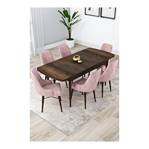 Lia Serisi, 80x132 Açılabilir Barok Ahşap Desen Mutfak Masa Takımı, 6 Sandalye Pembe
