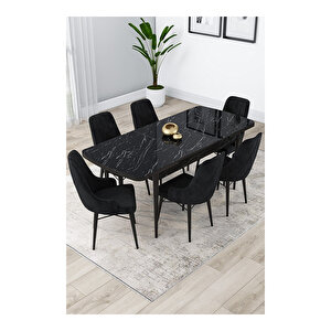Lia Serisi, 80x132 Açılabilir Siyah Mermer Desen ,mutfak Masası Takımı, 6 Sandalye Siyah