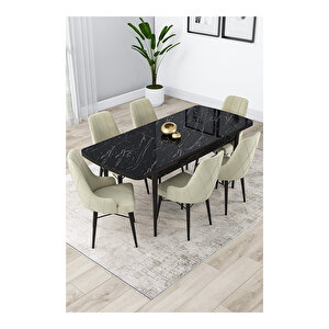 Lia Serisi, 80x132 Açılabilir Siyah Mermer Desen ,mutfak Masası Takımı, 6 Sandalye Krem